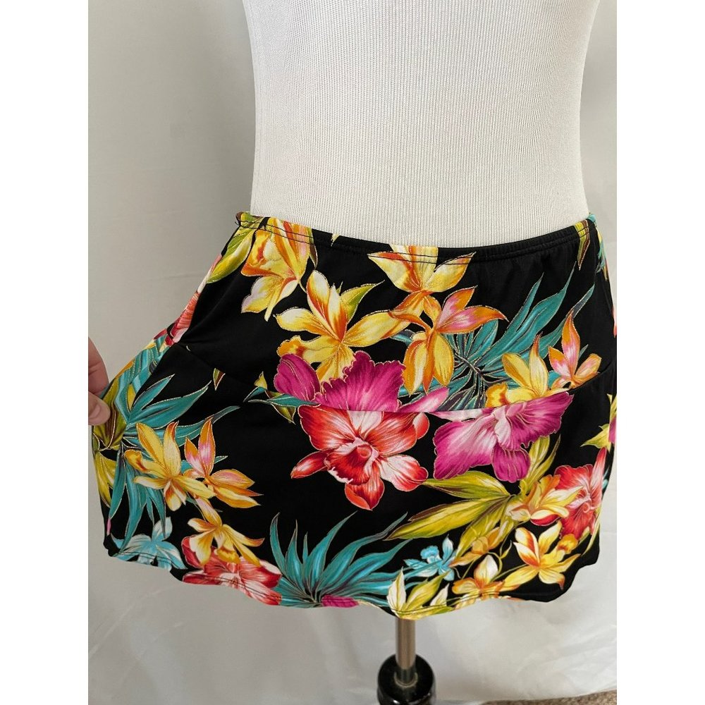 Islander Black Multi-Colored Floral Swimsuit Skirt - Size 16 - Picture 4 of 9